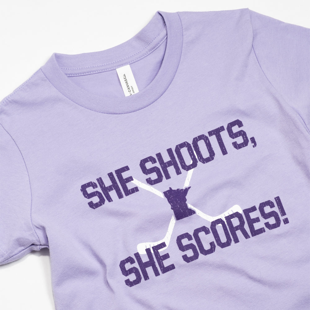 She Shoots, She Scores- Kids | Minnesota Hockey T-Shirt - Northmade Co
