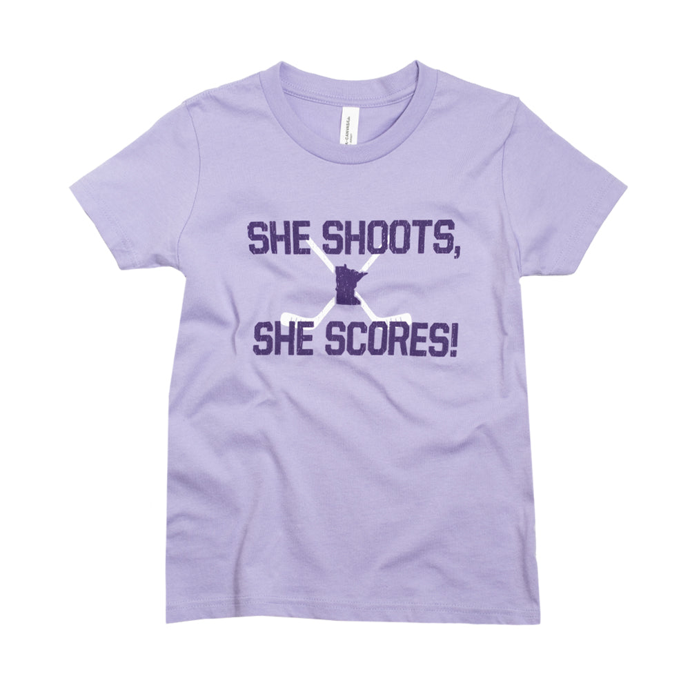 She Shoots, She Scores- Kids | Minnesota Hockey T-Shirt - Northmade Co